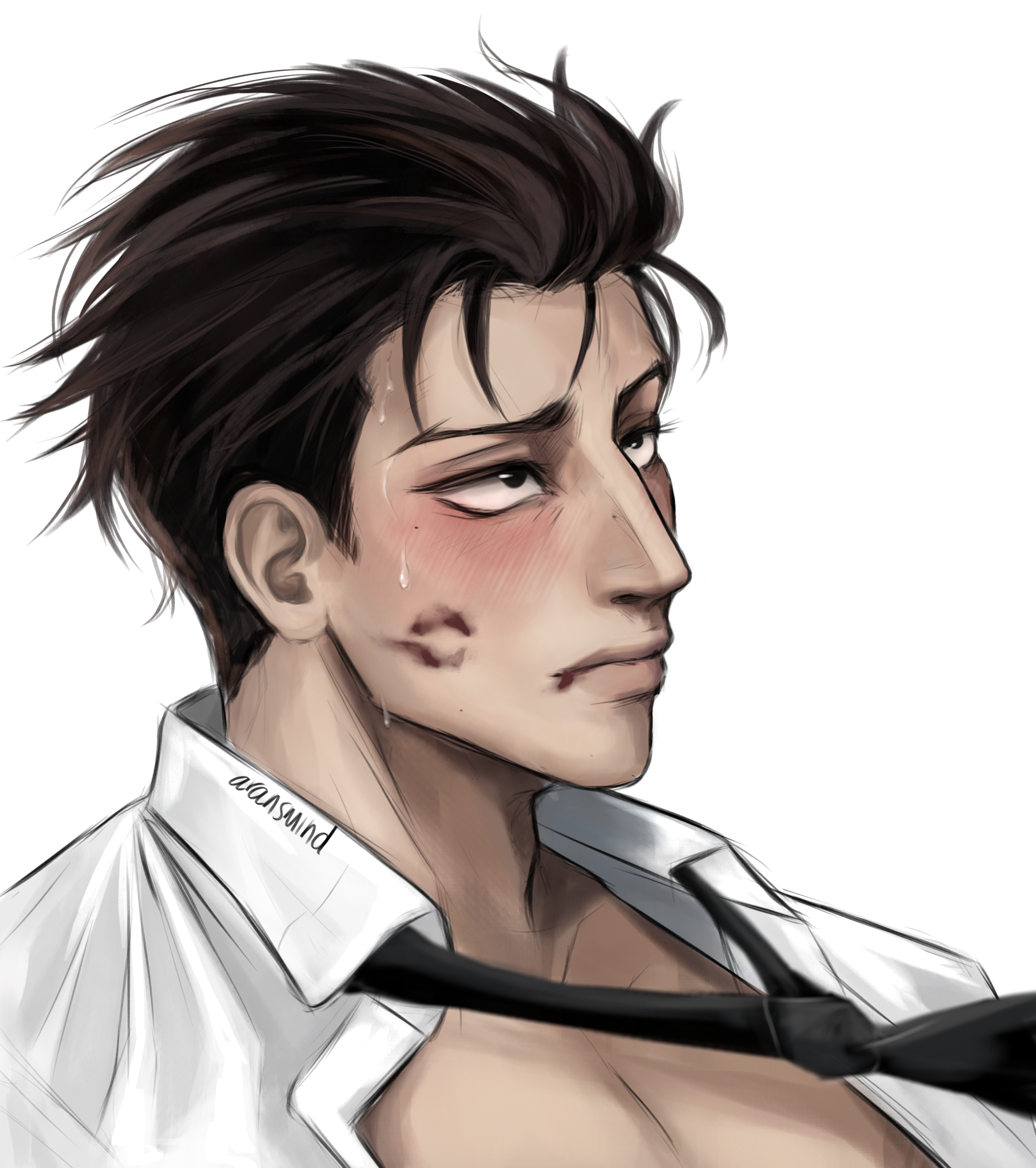 higuruma hiromi, jujutsu kaisen, absurdres, highres, ibispaint (medium), 1boy, aransmind, artist name, big nose, black eyes, black hair, black necktie, blush, hair slicked back, lipstick mark, lipstick mark on face, looking up, necktie, open clothes, open shirt, portrait, shirt, short hair, simple background, twitter username, white background, white shirt