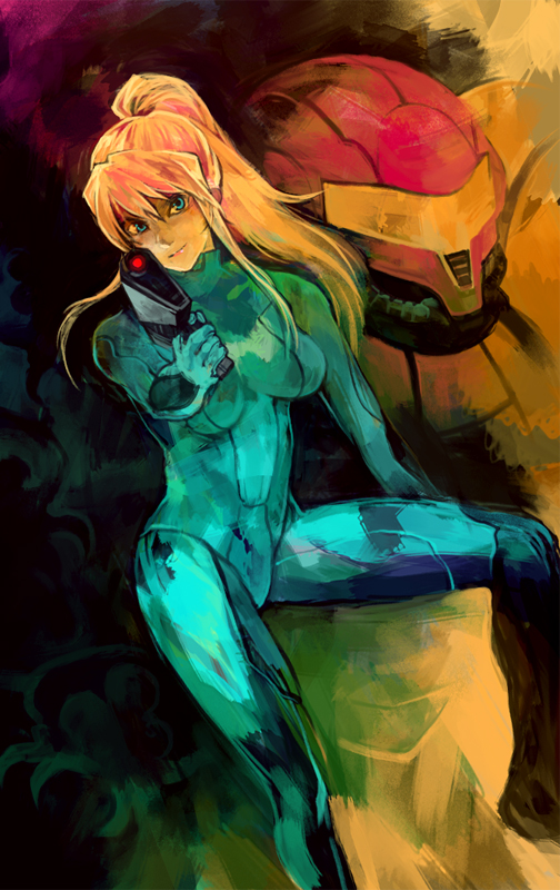 lack, samus aran, metroid, nintendo, bad id, bad pixiv id, 1girl, blonde hair, blue eyes, bodysuit, female focus, gun, long hair, power suit (metroid), skin tight, solo, varia suit, weapon, zero suit