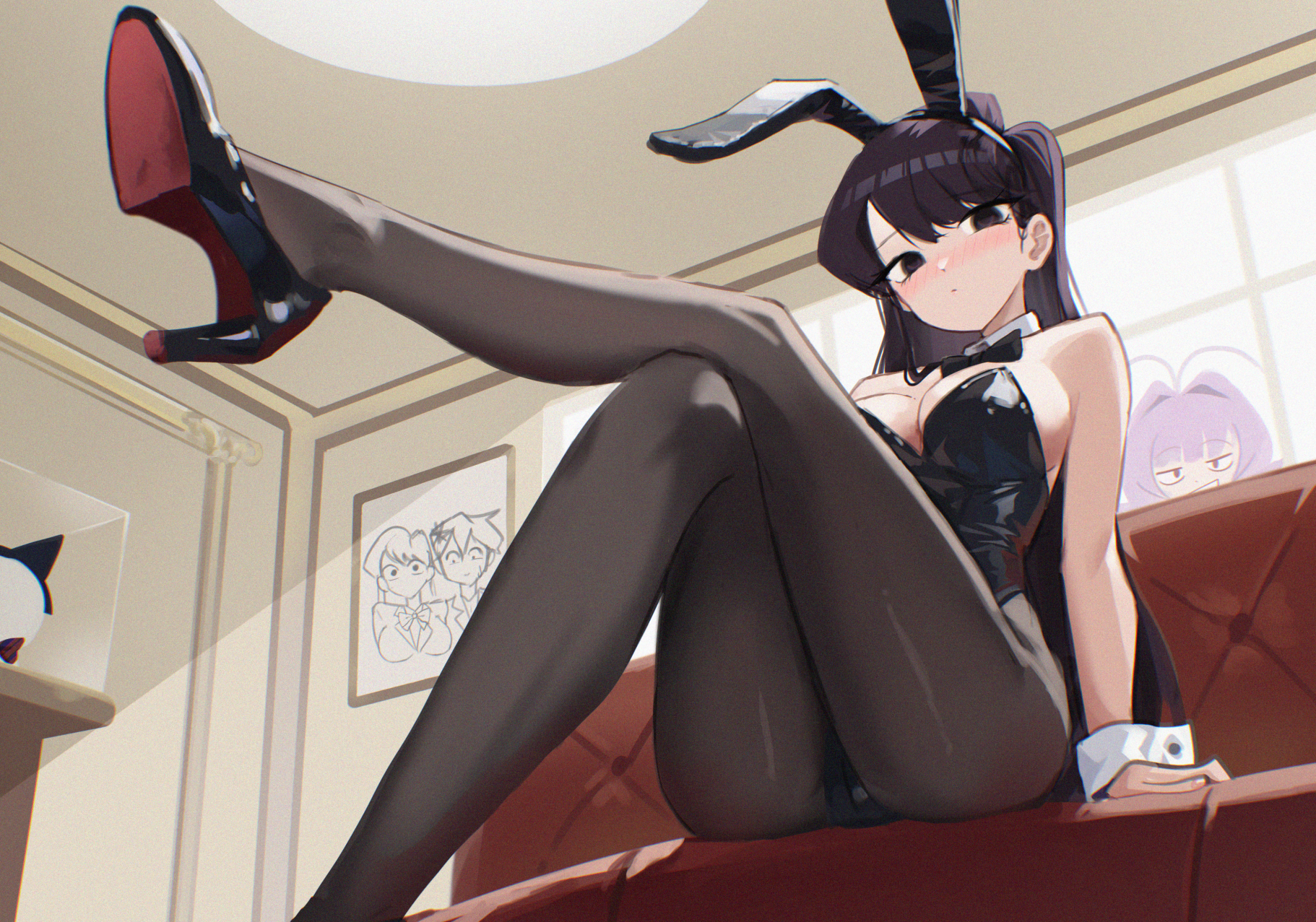 danraz0r, komi shouko, osana najimi (komi-san wa komyushou desu), tadano hitohito, komi-san wa komyushou desu, character request, commentary, commentary request, english commentary, highres, 1girl, 1other, animal ear hairband, animal ears, antenna hair, bare shoulders, black bow, black bowtie, black eyes, black hair, black leotard, black pantyhose, black shoes, blush, bow, bowtie, breasts, cleavage, closed mouth, colored shoe soles, couch, crossed legs, detached collar, drawing (object), fake animal ears, feet, film grain, foot focus, from below, hairband, high heels, indoors, large breasts, legs, leotard, long hair, looking at viewer, medium breasts, multiple girls, on couch, outstretched leg, pantyhose, picture frame, playboy bunny, pumps, purple hair, rabbit ear hairband, rabbit ears, shoes, sitting, solo, solo focus, strapless, strapless leotard, thighs, white wrist cuffs, window, wrist cuffs