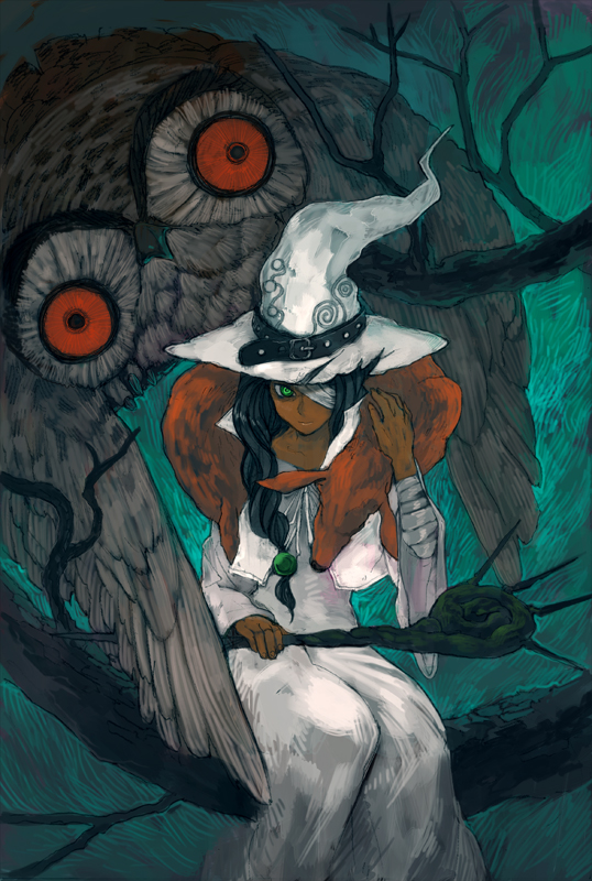 lack, white witch (lack), original, 1girl, bandage over one eye, bandages, bird, black hair, dark-skinned female, dark skin, eyepatch, female focus, fox, green eyes, hat, long hair, owl, solo, staff, witch, witch hat