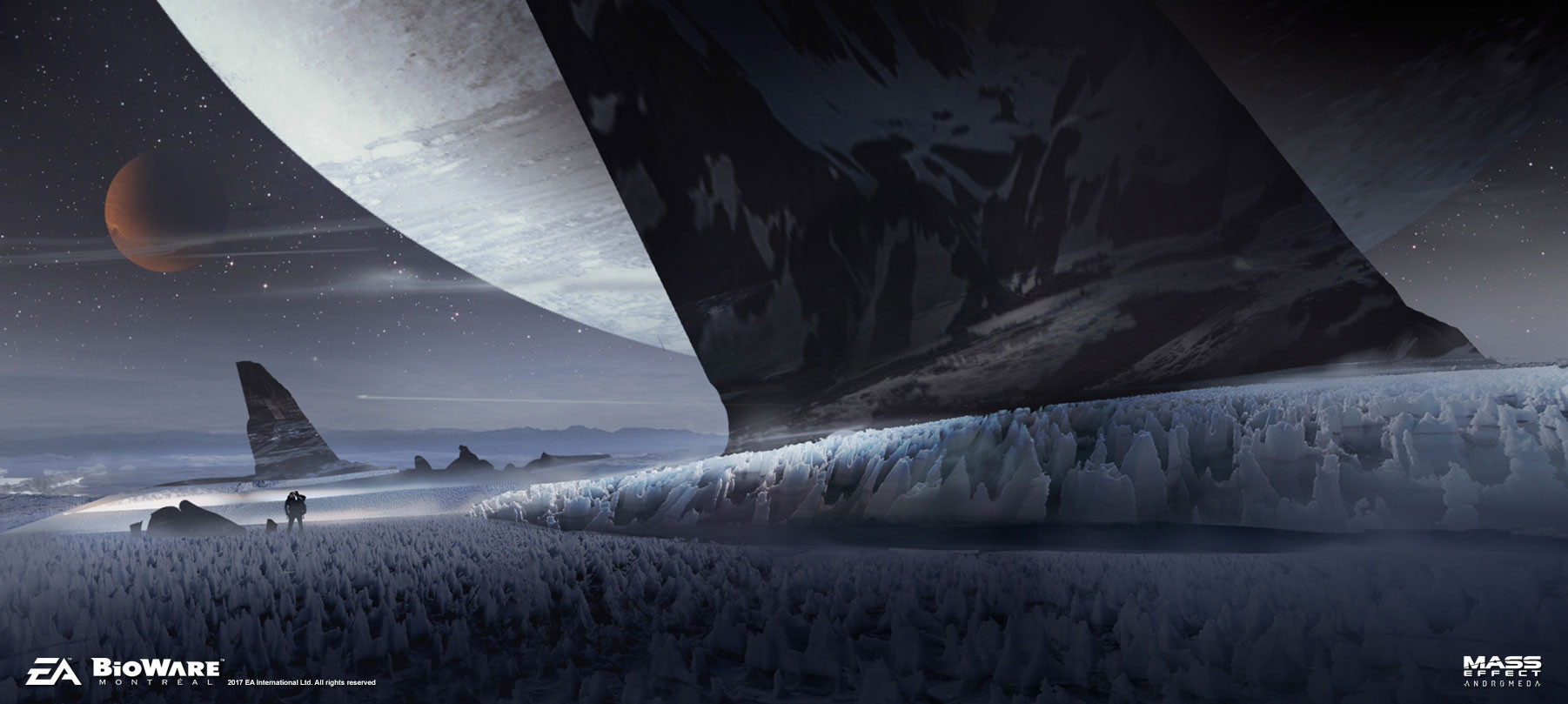 ben lo, mass effect (series), concept art, highres, 1other, astronaut, atmospheric perspective, crescent, crystal, karst, mini person, multiple moons, painterly, plain, planet, scenery, standing