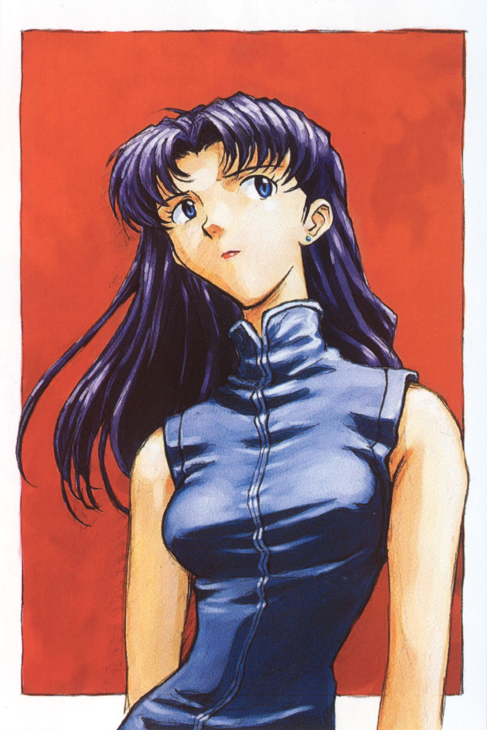 sadamoto yoshiyuki, katsuragi misato, neon genesis evangelion, absurdres, cleaned, highres, scan, 1girl, alternate eye color, arms at sides, bare arms, bare shoulders, blue dress, blue eyes, border, breasts, closed mouth, dress, earrings, expressionless, female focus, floating hair, jewelry, lips, long hair, looking up, medium breasts, neck, outside border, parted bangs, purple hair, red background, red lips, sleeveless, sleeveless dress, sleeveless turtleneck, solo, straight hair, stud earrings, turtleneck, turtleneck dress, v-neck, white border, wind, wind lift