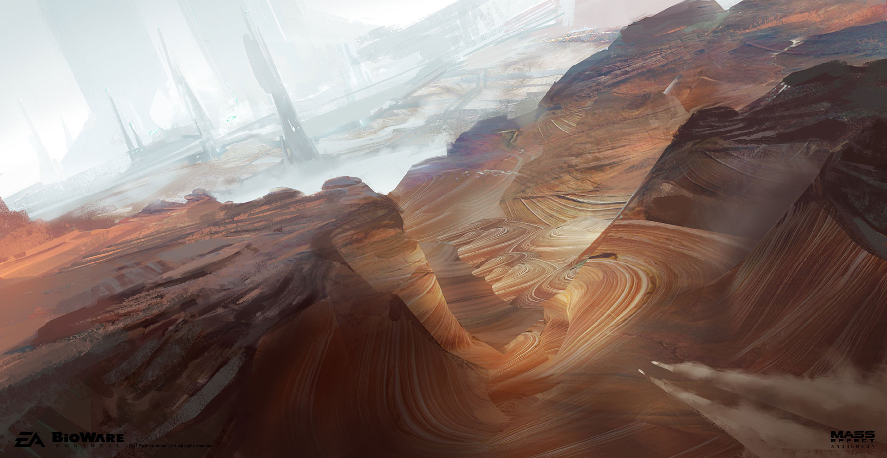 ben lo, mass effect (series), highres, blurry, blurry background, contrail, depth of field, dutch angle, from above, karst, landscape, mesa, mountainous horizon, no humans, painterly, scenery, shadow