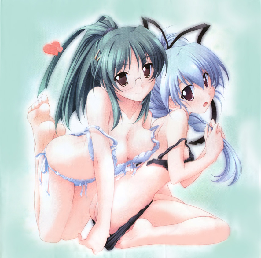 kurashima tomoyasu, fujinami tomoko, takeuchi mami, canvas (cocktail soft), canvas 2, 00s, 2girls, blue hair, bra, braid, glasses, green hair, lingerie, multiple girls, panties, ponytail, ribbon, smile, underwear, underwear only, undressing, yuri
