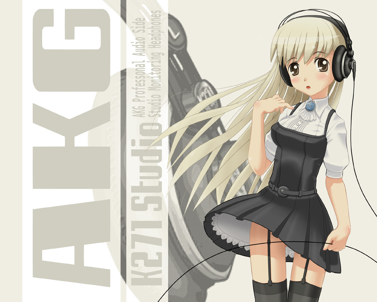 gojou mou, gojou takeshi, akg, 1girl, akg k-series headphones, blonde hair, brown eyes, dress, female focus, garter belt, headphones, long hair, solo, thighhighs, zettai ryouiki