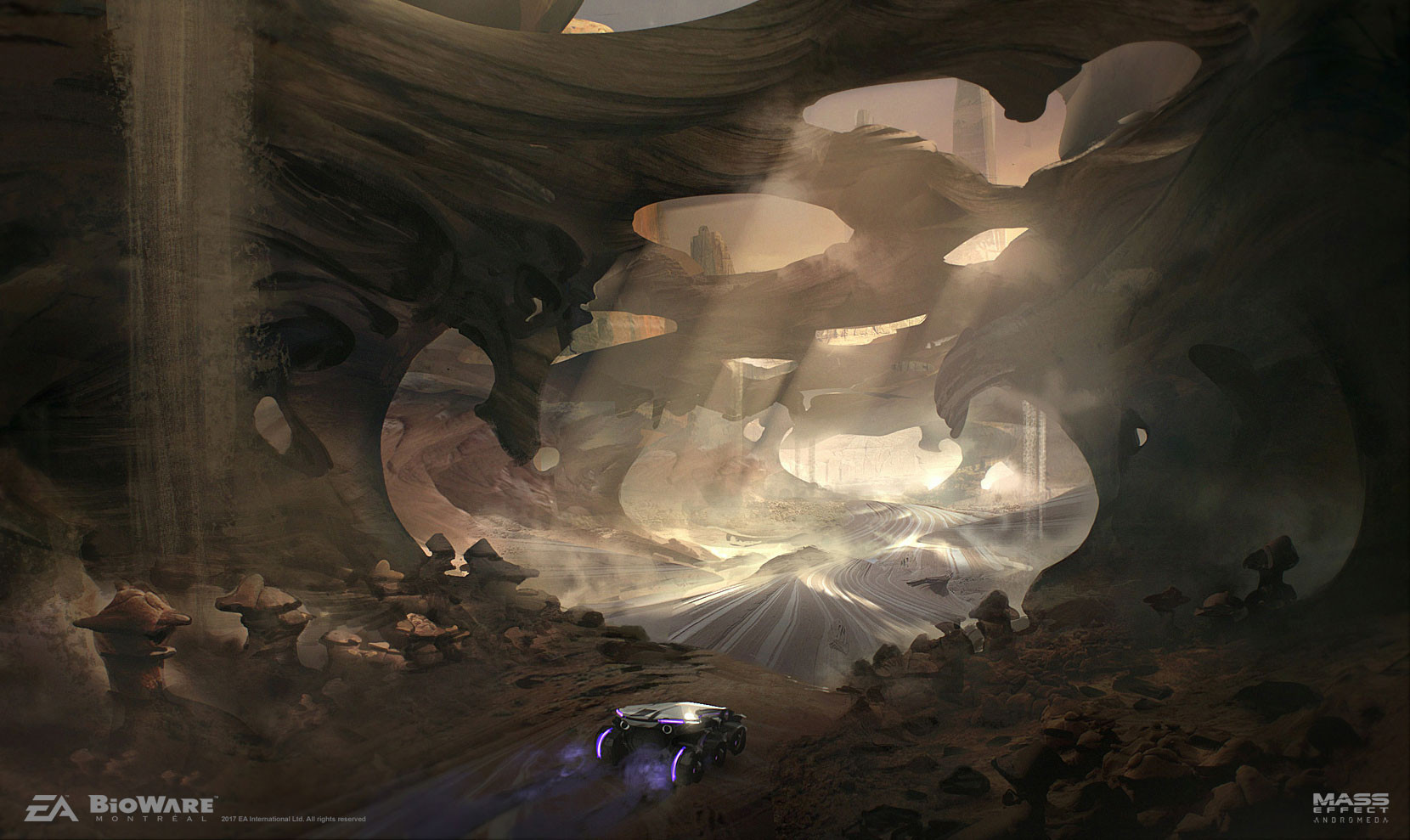 ben lo, mass effect (series), concept art, highres, hole, light rays, mountainous horizon, mushroom, no humans, painterly, road, scar, scenery, science fiction