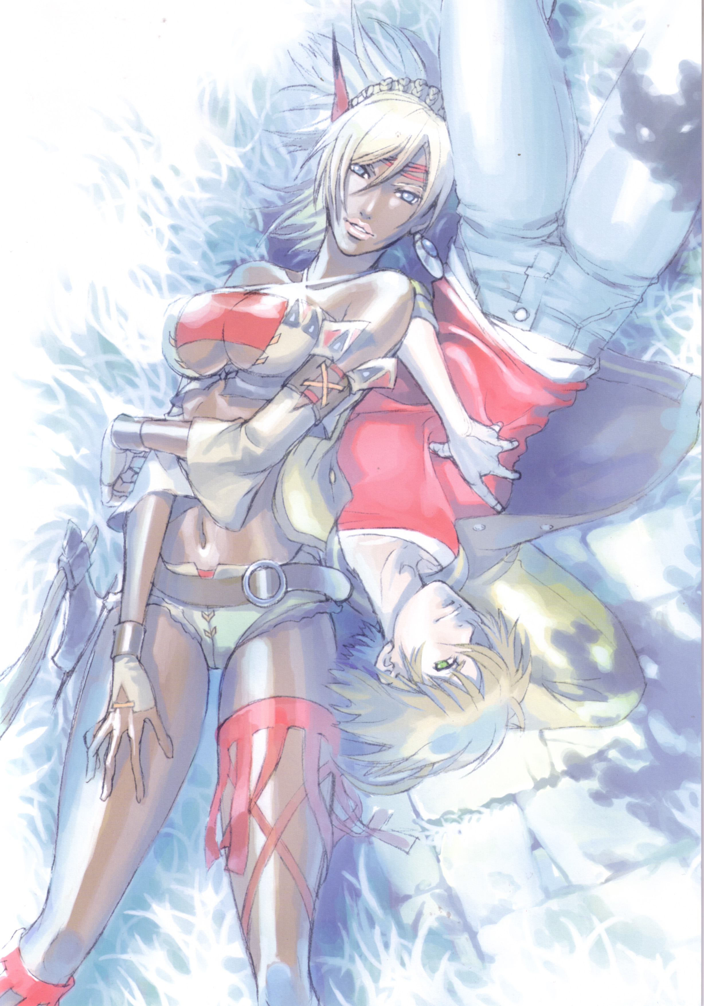 katou miyako, johnny garland, shania, shadow hearts, shadow hearts from the new world, french braid, absurdres, highres, official art, 1boy, 1girl, arm behind head, bandeau, bare shoulders, belt, belt skirt, bikini, blonde hair, blue eyes, braid, breasts, brown hair, buttons, criss-cross halter, crop top, cross-laced clothes, cutoffs, dark skin, denim, detached sleeves, earrings, feather hair ornament, feathers, from above, green eyes, grin, hair between eyes, hair ornament, halterneck, hand on own stomach, hand on own thigh, hatchet, headband, high ponytail, jacket, jeans, jewelry, lips, lipstick, lying, makeup, midriff, native american, navel, on back, open clothes, open jacket, pants, ponytail, shirt, short hair, short ponytail, short shorts, shorts, single earring, smile, swimsuit, underboob, weapon, white hair, wide sleeves