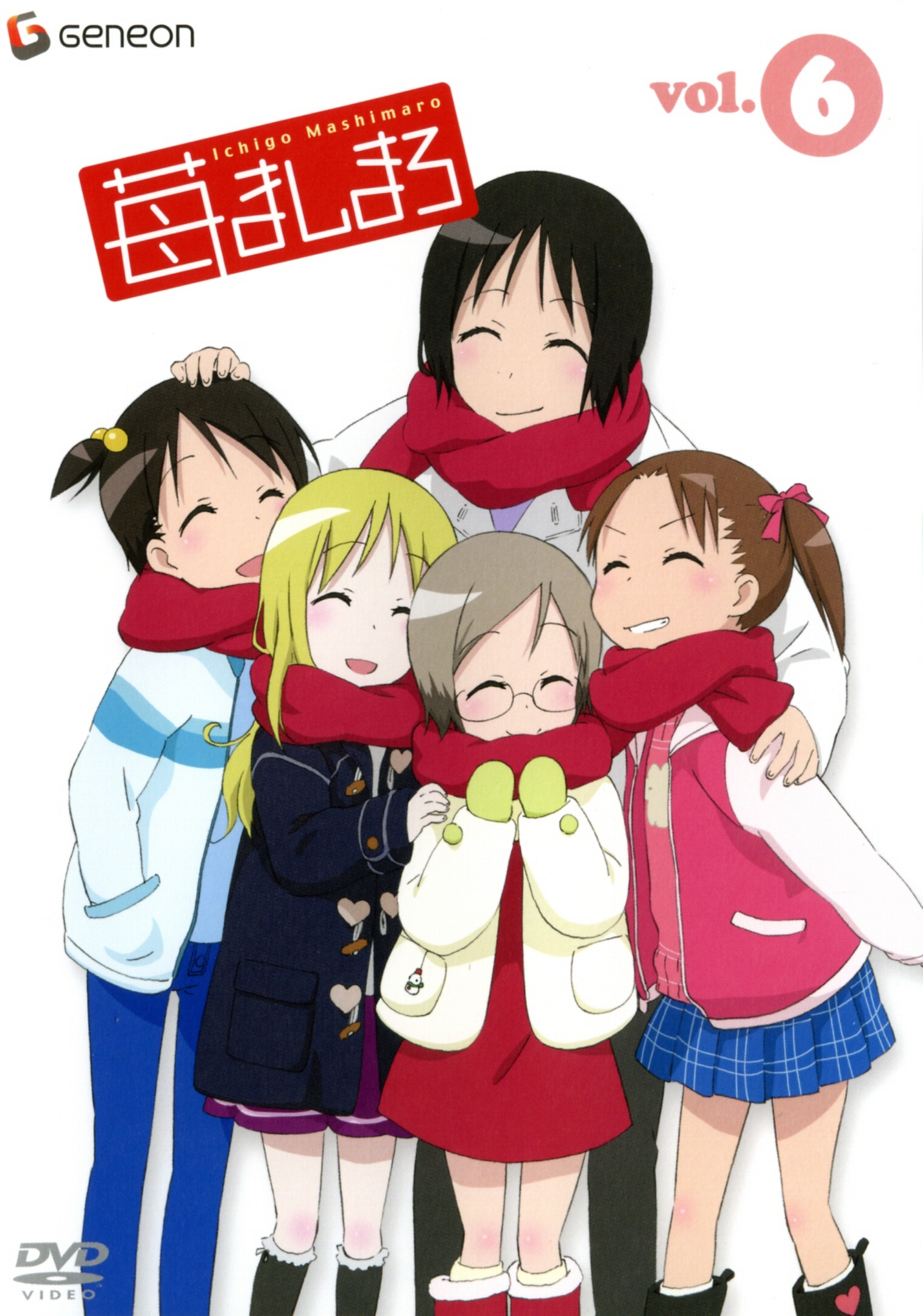 barasui, ana coppola, itou chika, itou nobue, matsuoka miu, sakuragi matsuri, ichigo mashimaro, highres, scan, 5girls, blonde hair, blush, child, closed eyes, coat, everyone, glasses, hug, long hair, mittens, multiple girls, ribbon, scarf, siblings, sisters