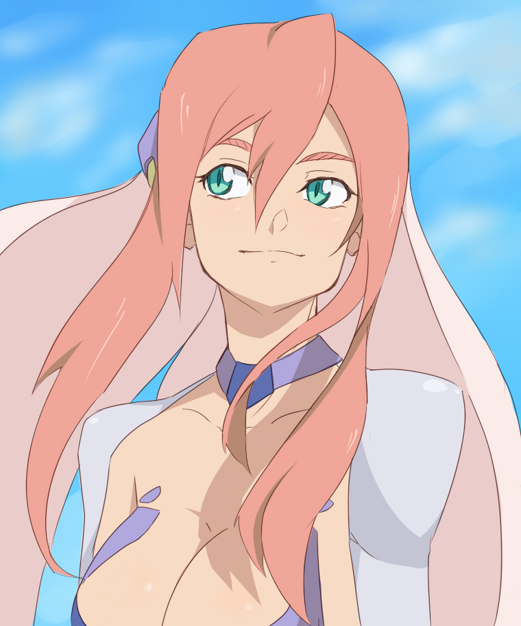 nana g, birdy cephon altera, tetsuwan birdy, tetsuwan birdy decode, 00s, 1girl, bodysuit, breasts, choker, cleavage, collarbone, colored bangs, female focus, green eyes, hair between eyes, hair ornament, large breasts, long hair, looking to the side, multicolored hair, neck, pink hair, sky, slit pupils, smile, solo, two-tone hair, upper body, white hair, wind, wind lift