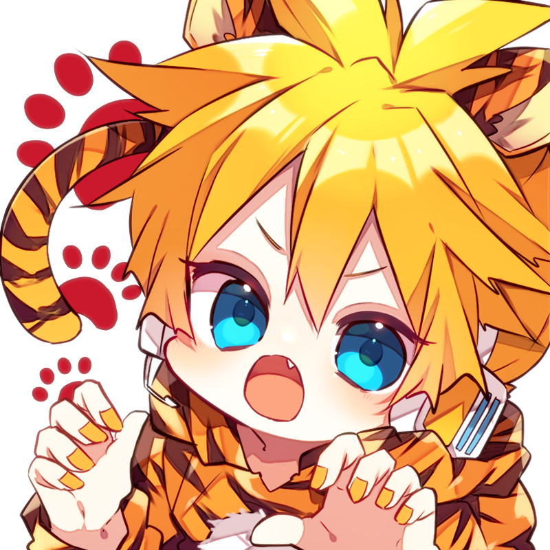 kaho 0102, kagamine len, vocaloid, commentary request, 1boy, animal ears, animal print, blonde hair, blue eyes, claw pose, double-parted bangs, fang, hair between eyes, kemonomimi mode, looking at viewer, male focus, nail polish, open mouth, orange shirt, paw print, portrait, print shirt, shirt, short hair, simple background, solo, tail, tiger boy, tiger ears, tiger print, tiger tail, white background, yellow nails
