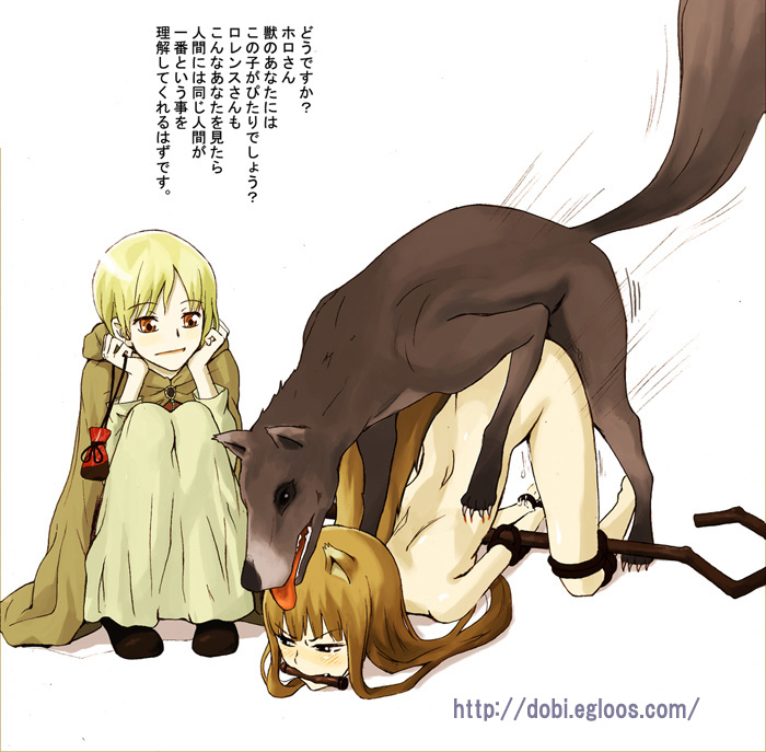 dobi, holo, nora arento, spice and wolf, translated, 00s, 2girls, angry, animal ears, artist name, bdsm, bestiality, bit gag, blood, blush, bondage, bound, dog, doggystyle, fang, forced, gag, gagged, motion lines, multiple girls, nude, on ground, pussy juice, rape, sex, sex from behind, simple background, speed lines, staff, text focus, top-down bottom-up, vaginal, wolf, wolf ears