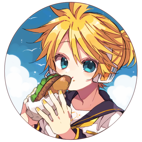 kaho 0102, kagamine len, vocaloid, commentary request, 1boy, arm warmers, bass clef, black sailor collar, blonde hair, blue eyes, border, eating, food, headset, holding, holding food, looking at viewer, male focus, nail polish, necktie, portrait, round border, sailor collar, sandwich, shirt, short hair, solo, white border, white shirt, yellow nails, yellow necktie