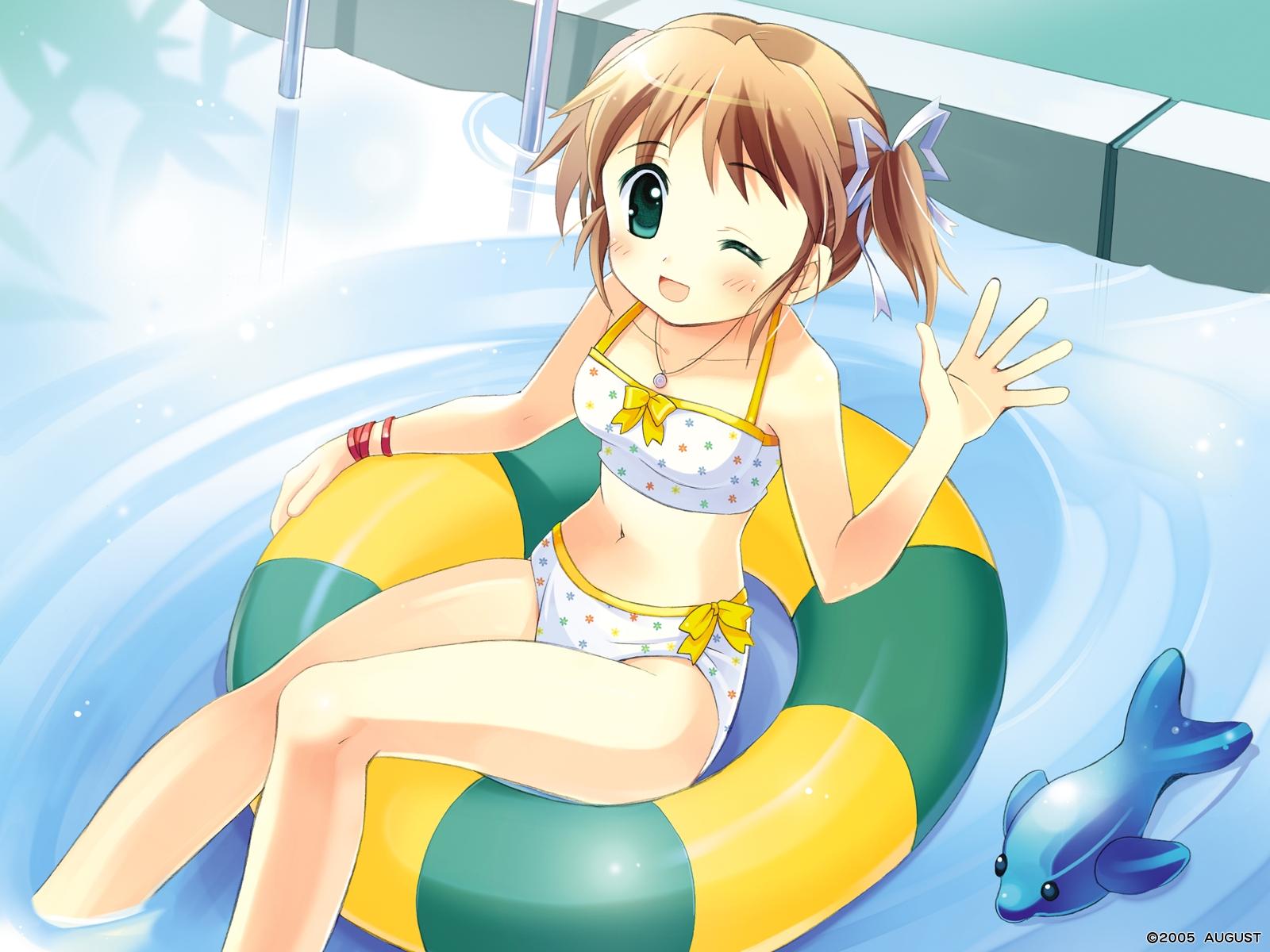 highres, jpeg artifacts, non-web source, 1girl, ;d, afloat, bikini, bracelet, brown hair, child, female focus, fish, green eyes, innertube, jewelry, necklace, one eye closed, open mouth, partially submerged, polka dot, polka dot bikini, polka dot swimsuit, pool, pool ladder, reflection, short twintails, smile, soaking feet, solo, swim ring, swimsuit, twintails, waving, white bikini, wink
