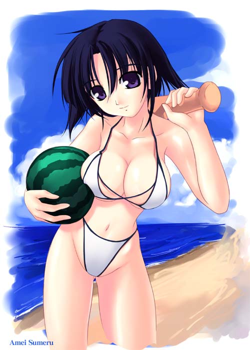 amei sumeru, non-web source, 1girl, baseball bat, beach, bikini, black hair, breasts, cleavage, day, female focus, food, fruit, holding, holding food, holding fruit, holding watermelon, huge breasts, large breasts, outdoors, purple eyes, solo, suikawari, swimsuit, watermelon, white bikini