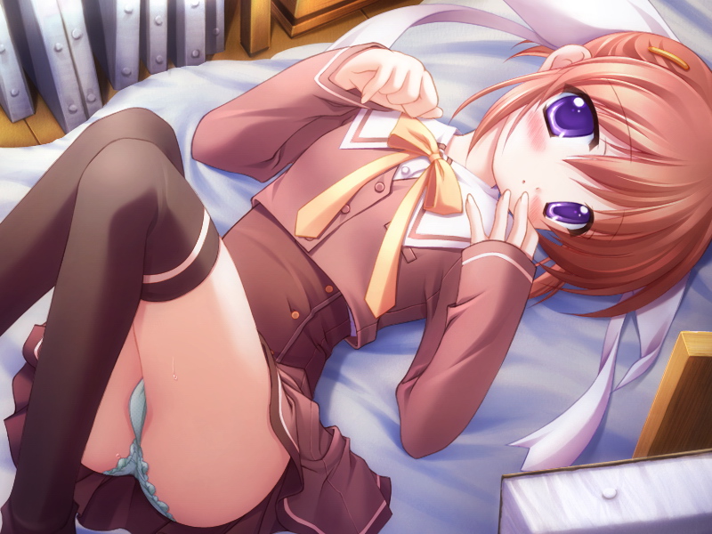 hagino kana, canvas (cocktail soft), canvas 2, 00s, 1girl, bed, blue eyes, blush, female focus, loli, lying, panties, pantyshot, red hair, school uniform, serafuku, solo, thighhighs, underwear, upskirt