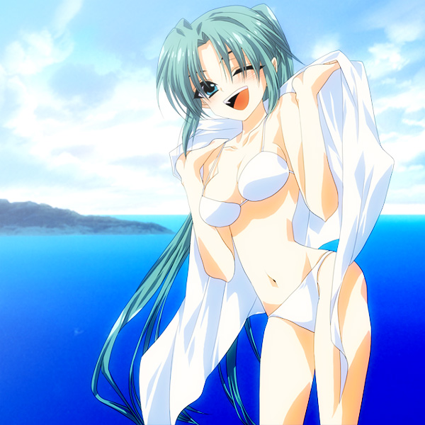 fujitaka akasora, sonozaki mion, higurashi no naku koro ni, non-web source, 00s, 1girl, bikini, blue eyes, breasts, cleavage, cloud, day, female focus, green eyes, green hair, happy, landscape, large breasts, matching hair/eyes, navel, ocean, one eye closed, outdoors, sky, smile, solo, swimsuit, white bikini, wink