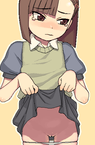 hijiri rei, kinoshita ringo, otogi-juushi akazukin, lowres, 00s, 1girl, 2008, blush, brown eyes, brown hair, clothes lift, female focus, loli, oekaki, panties, panty pull, pussy, skirt, skirt lift, solo, standing, sweater vest, tears, uncensored, underwear, vest