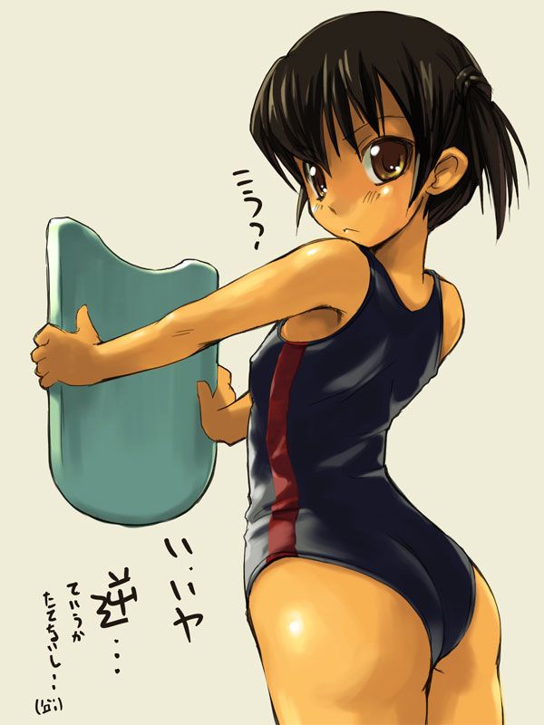 bosshi, yu (bosshi), original, non-web source, translated, 1girl, :<, back, brown eyes, brown hair, cowboy shot, dark-skinned female, dark skin, female focus, flat chest, grey background, kickboard, loli, looking back, one-piece swimsuit, short hair, simple background, single vertical stripe, solo, swimsuit, twintails