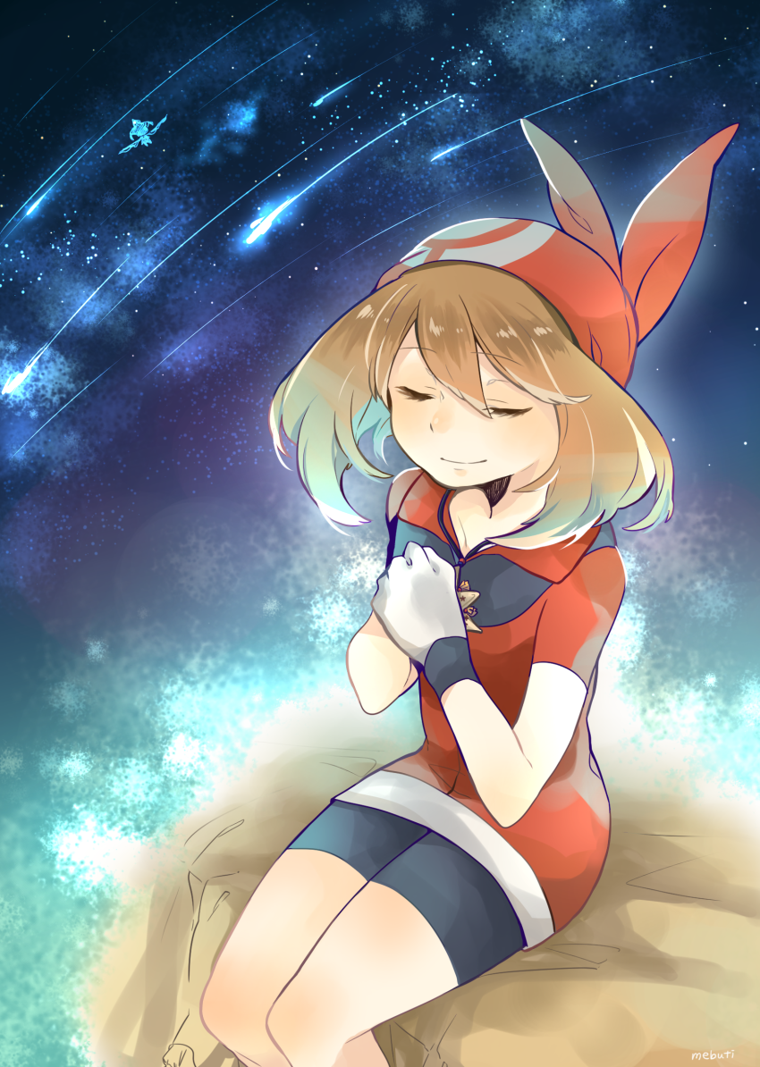jirachi, may (pokemon), nintendo, pokemon, pokemon: jirachi: wish maker, pokemon (anime), pokemon rse, pokemon rse (anime), 1girl, bandana, black gloves, brown hair, closed mouth, galaxy, gem, gen 3 pokemon, gloves, holding, holding gem, legendary pokemon, mythical pokemon, one eye closed, red bandana, red shirt, shirt, smile, star (sky), white gloves