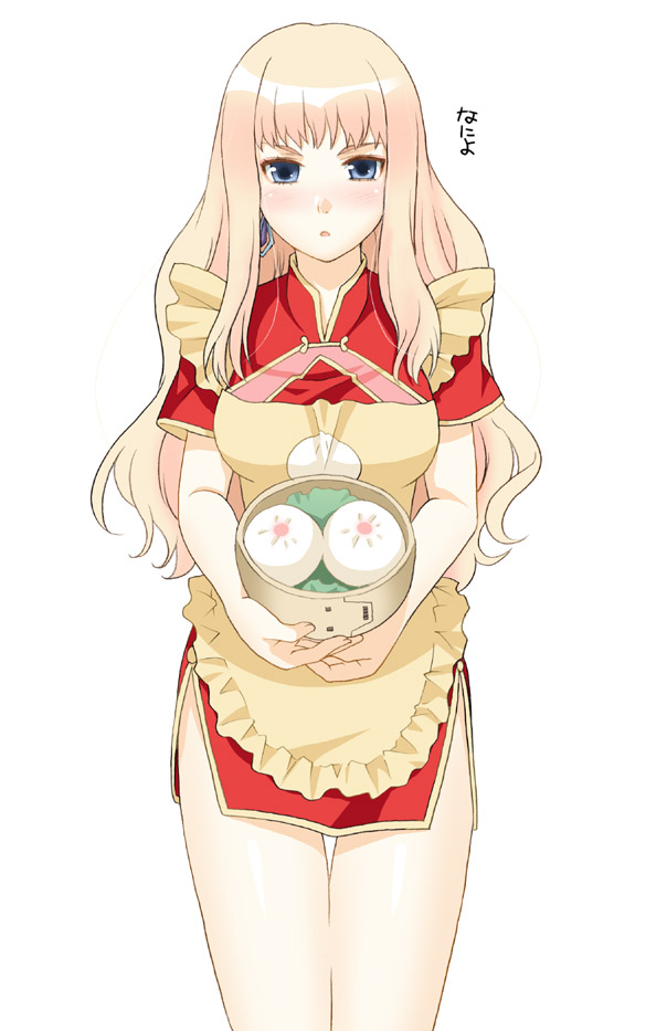 mattaku mousuke, sheryl nome, macross, macross frontier, bad id, bad pixiv id, 00s, 1girl, bamboo steamer, blonde hair, blue eyes, cowboy shot, dumpling, female focus, food, long hair, solo, steamed bun