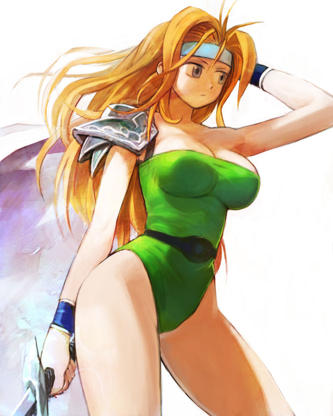 kodama yuuki, celes chere, final fantasy, final fantasy vi, 1990s (style), 1girl, adjusting hair, armor, armpits, bare shoulders, belt, blonde hair, blue eyes, bracelet, breasts, cape, cleavage, contrapposto, cowboy shot, expressionless, female focus, from side, groin, hand up, headband, highleg, highleg leotard, holding, holding sword, holding weapon, jewelry, large breasts, leotard, long hair, looking to the side, pauldrons, retro artstyle, shoulder armor, shoulder pads, simple background, solo, standing, straight neck, strapless, strapless leotard, sword, thighs, very long hair, weapon, white background