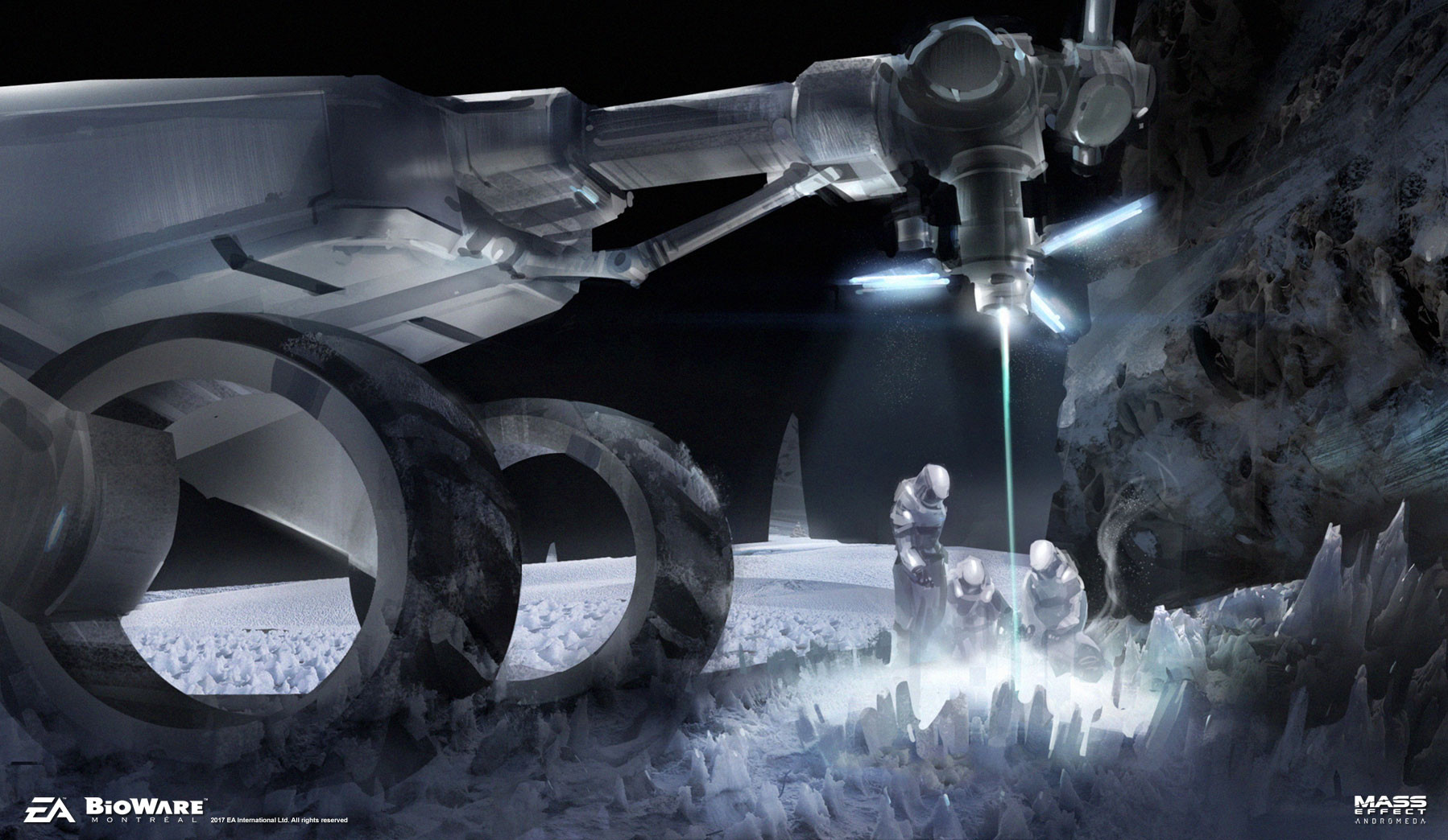 ben lo, mass effect (series), concept art, highres, 3others, crystal, faceless, fog, helmet, hole, laser, limited palette, multiple others, outdoors, painterly, scenery, space helmet, spacecraft, spacesuit