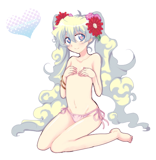 hazuki (pacco), nia teppelin, tengen toppa gurren lagann, bad id, bad pixiv id, 00s, barefoot, blue eyes, covering breasts, covering privates, flat chest, kneeling, long hair, panties, side-tie panties, smile, solo, topless female, twintails, underwear