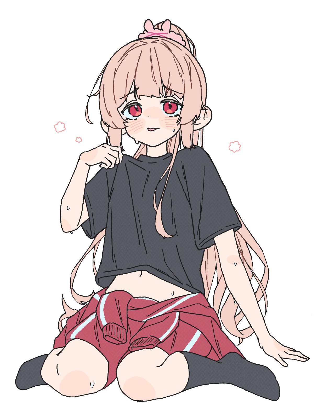 nobu-k, natori sana, natori sana (jersey), sana channel, highres, 1girl, black shirt, black socks, clothes around waist, jacket, jacket around waist, long hair, navel, shirt, sitting, socks, solo, sweat, t-shirt, track jacket, wariza, white background