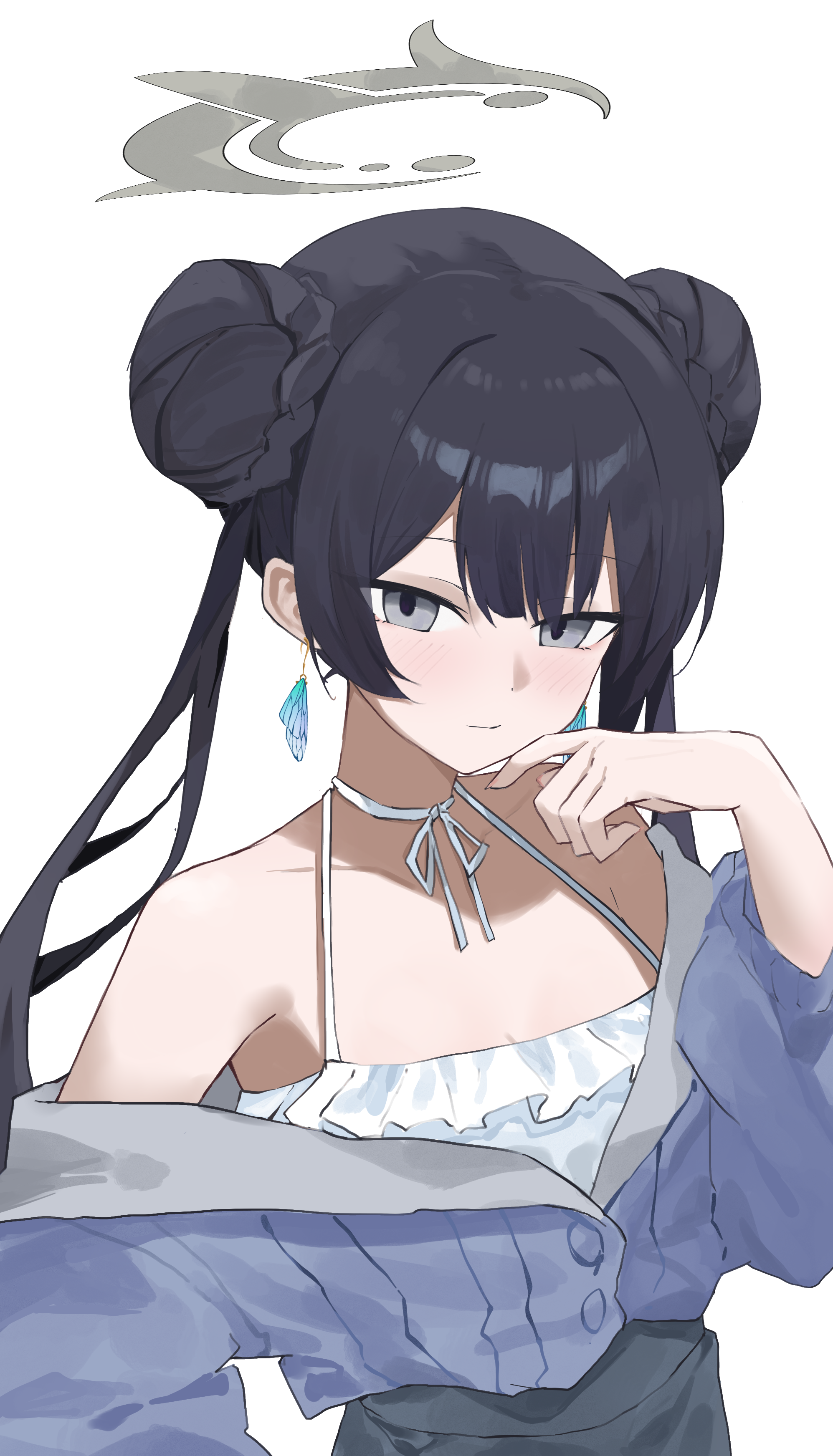 evening rabbit, kisaki (blue archive), blue archive, absurdres, highres, 1girl, alternate costume, bare shoulders, black hair, blue shirt, braid, braided bun, butterfly earrings, casual, double bun, earrings, expressionless, finger to own chin, grey eyes, grey halo, hair bun, halo, halterneck, jewelry, long hair, looking at viewer, shirt, solo, upper body, white shirt