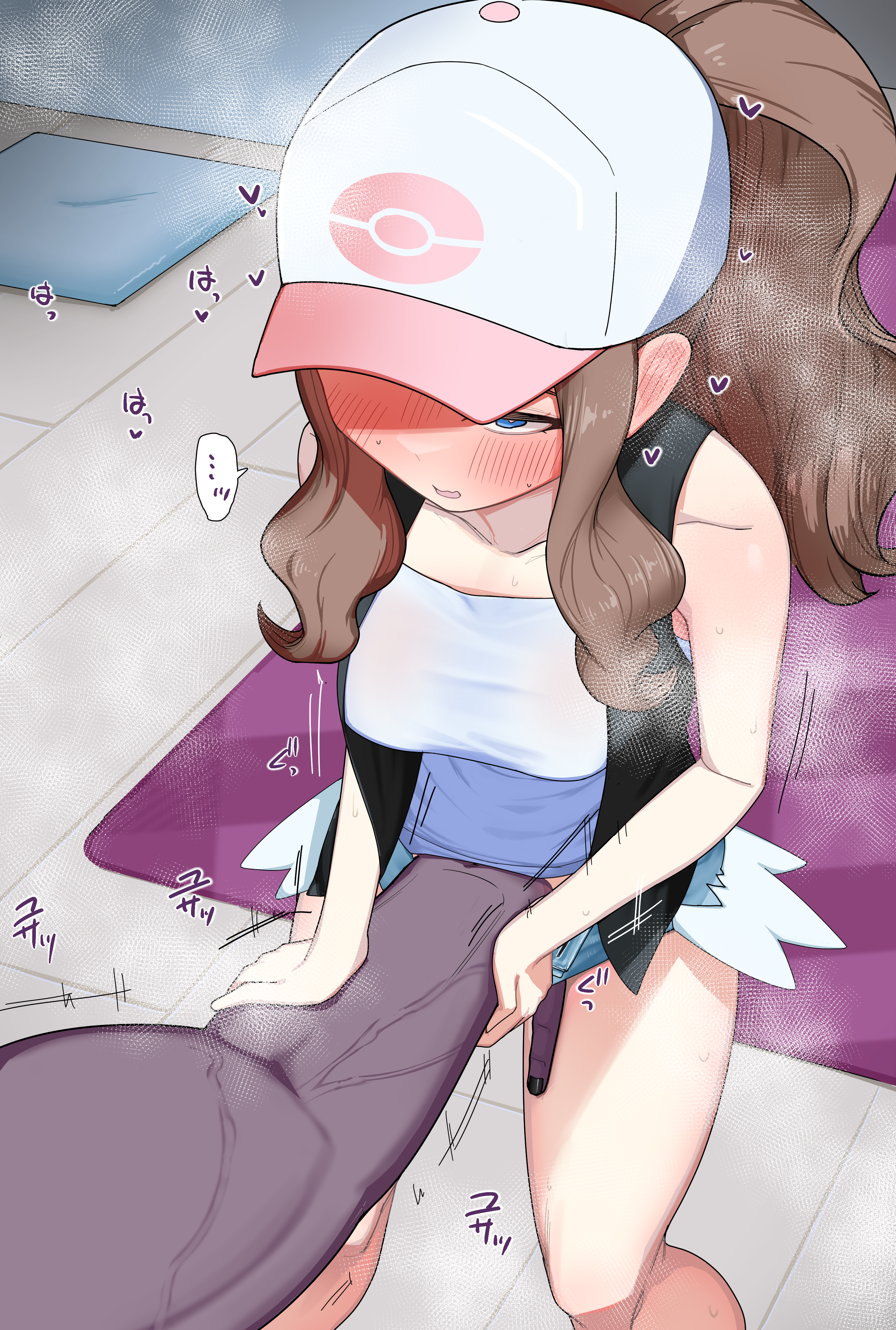 togeimeizin, hilda (pokemon), nintendo, pokemon, pokemon bw, absurdres, commentary request, highres, huge filesize, paid reward available, 1boy, 1girl, baseball cap, black vest, blue eyes, blush, breasts, brown hair, cutoffs, dark-skinned male, dark skin, denim, denim shorts, fingering, hat, heart, heart-shaped pupils, hetero, long hair, looking at another, medium breasts, muscular, muscular male, open mouth, poke ball print, ponytail, shirt, short shorts, shorts, sidelocks, solo focus, standing, steaming body, symbol-shaped pupils, unbuttoned, veins, veiny arms, vest, white shirt