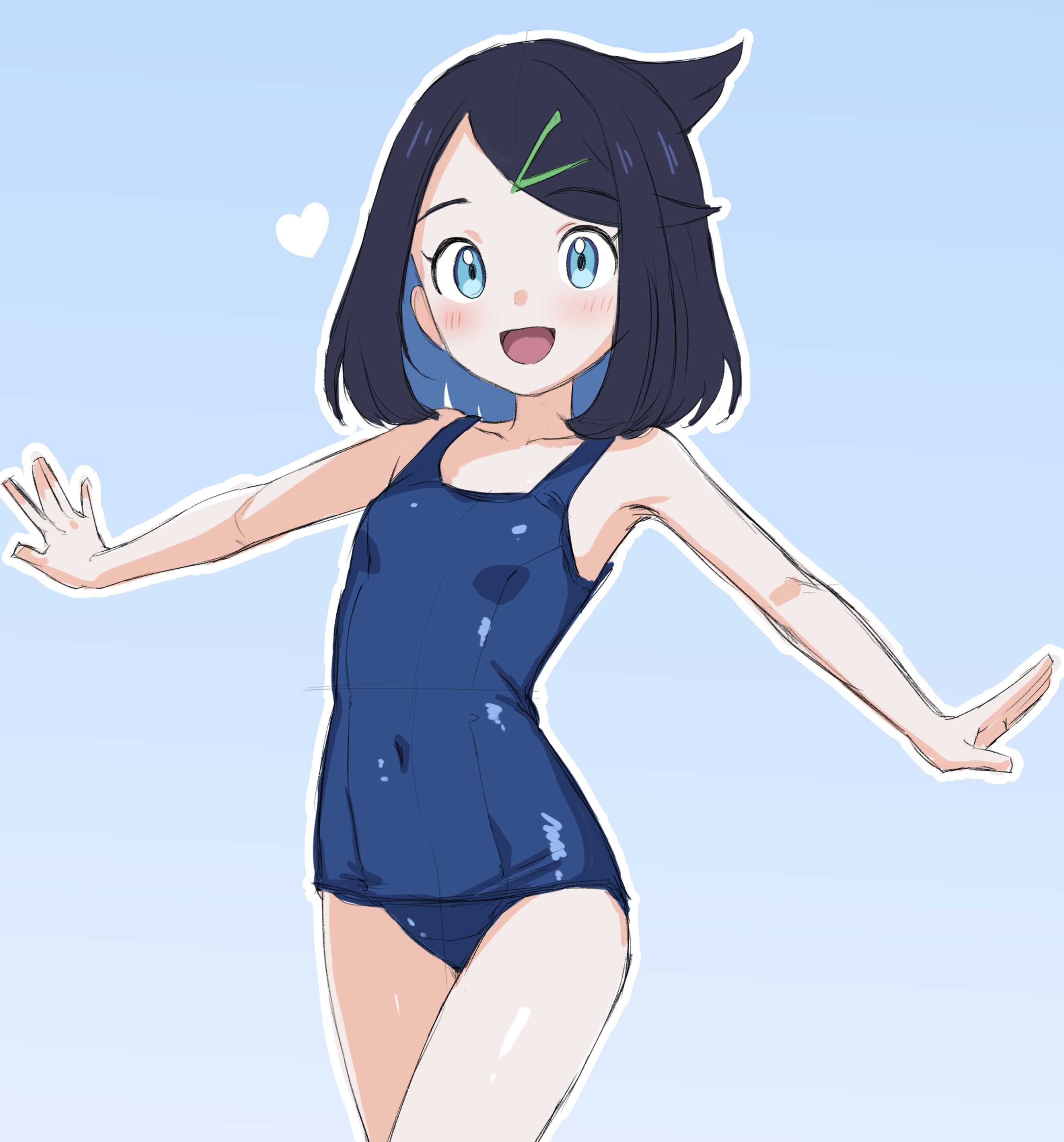 alpaca no otouto, liko (pokemon), nintendo, pokemon, pokemon (anime), pokemon horizons, absurdres, highres, 1girl, :d, bare arms, bare legs, black hair, blue background, blue eyes, blue hair, blue one-piece swimsuit, blush, breasts, collarbone, colored inner hair, cowboy shot, gradient background, hair ornament, heart, looking at viewer, medium hair, multicolored hair, one-piece swimsuit, open mouth, outline, outstretched arms, school swimsuit, shiny skin, sketch, small breasts, smile, solo, standing, straight hair, swept bangs, swimsuit, white outline