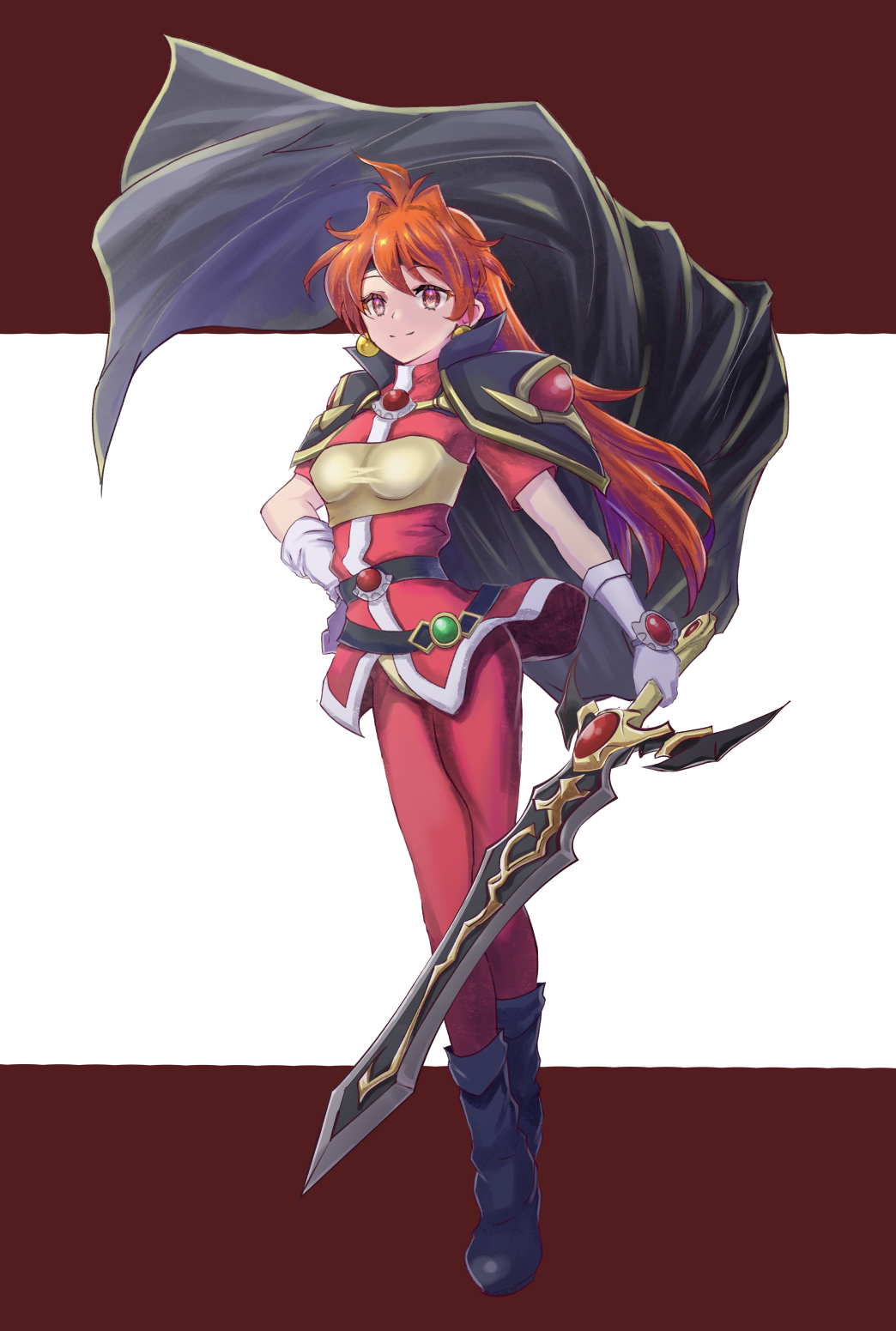 reki (reki13c), lina inverse, slayers, highres, 1girl, bandeau, black boots, black cape, black headband, boots, brown hair, cape, closed mouth, floating hair, full body, gloves, hand on own hip, headband, holding, holding sword, holding weapon, jacket, long hair, pants, red background, red eyes, red jacket, red pants, smile, solo, standing, sword, two-tone background, very long hair, weapon, white background, white gloves, yellow bandeau