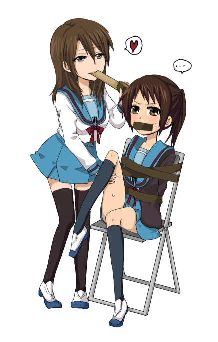 miwa (artist), koizumi itsuki, koizumi itsuki (female), kyonko, suzumiya haruhi no yuuutsu, gender request, 00s, 2girls, bdsm, bondage, bound, female focus, femdom, gag, gagged, genderswap, improvised gag, multiple girls, ponytail, tape, tape gag, thighhighs, yuri