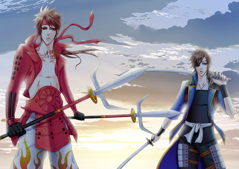 date masamune (sengoku basara), sanada yukimura (sengoku basara), sengoku basara, 00s, 2boys, armor, brown hair, cloud, eyepatch, gloves, gradient background, headband, juumonji yari, long hair, male focus, multiple boys, open clothes, outdoors, polearm, samurai, short hair, sky, spear, sword, weapon, yari