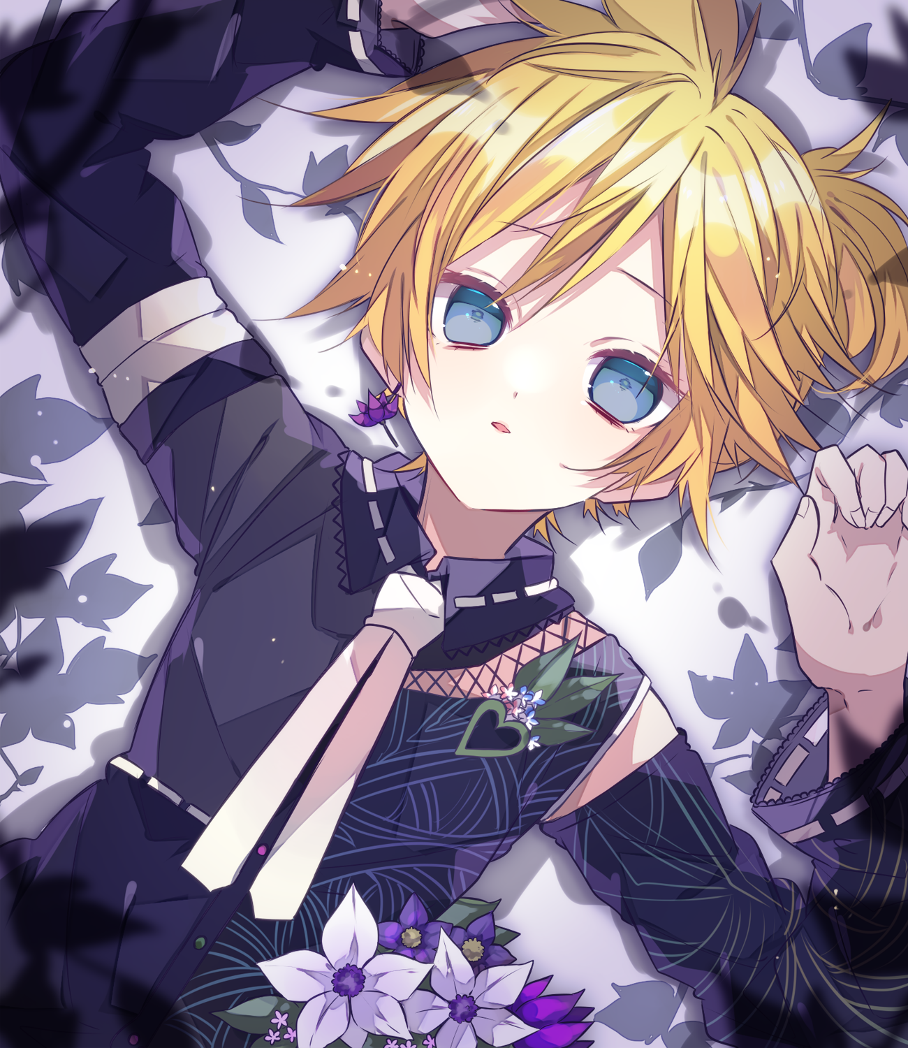 kaho 0102, kagamine len, vocaloid, commentary request, highres, 1boy, blonde hair, blue eyes, flower, long sleeves, looking at viewer, lying, male focus, necktie, on back, open mouth, purple flower, purple shirt, shirt, short hair, solo, upper body, white necktie