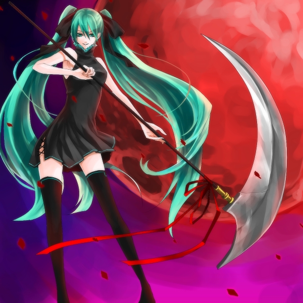 cage (artist), sasama keiji, hatsune miku, vocaloid, dress, green eyes, green hair, long hair, ribbon, scythe, skirt, solo, thighhighs, twintails