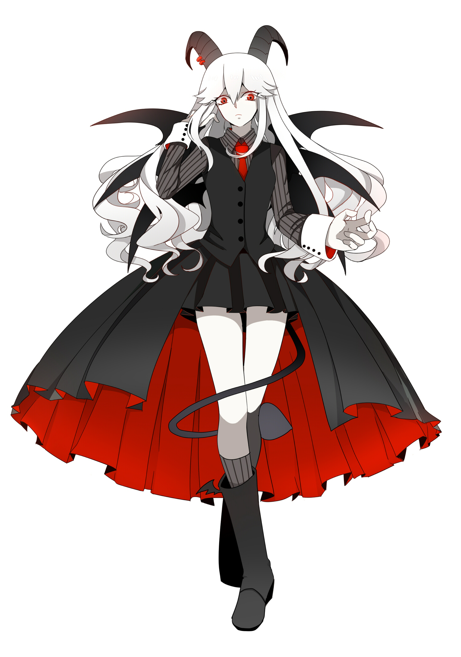 shi jun ti, reficul (funamusea), funamusea, haiiro teien, highres, bat wings, black boots, black skirt, boots, demon tail, grey socks, high-low skirt, kneehighs, red eyes, shirt, skirt, socks, striped clothes, striped shirt, striped socks, tail, thighs, vest, white hair, wings