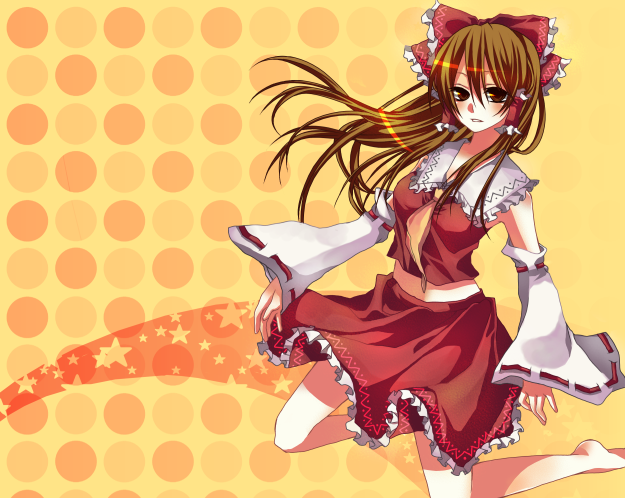 tsukioka tsukiho, hakurei reimu, touhou, 1girl, ascot, barefoot, blush, brown eyes, brown hair, detached sleeves, female focus, hair ribbon, japanese clothes, kneeling, long hair, midriff, miko, navel, parted lips, polka dot, polka dot background, ribbon, ribbon-trimmed sleeves, ribbon trim, skirt, solo
