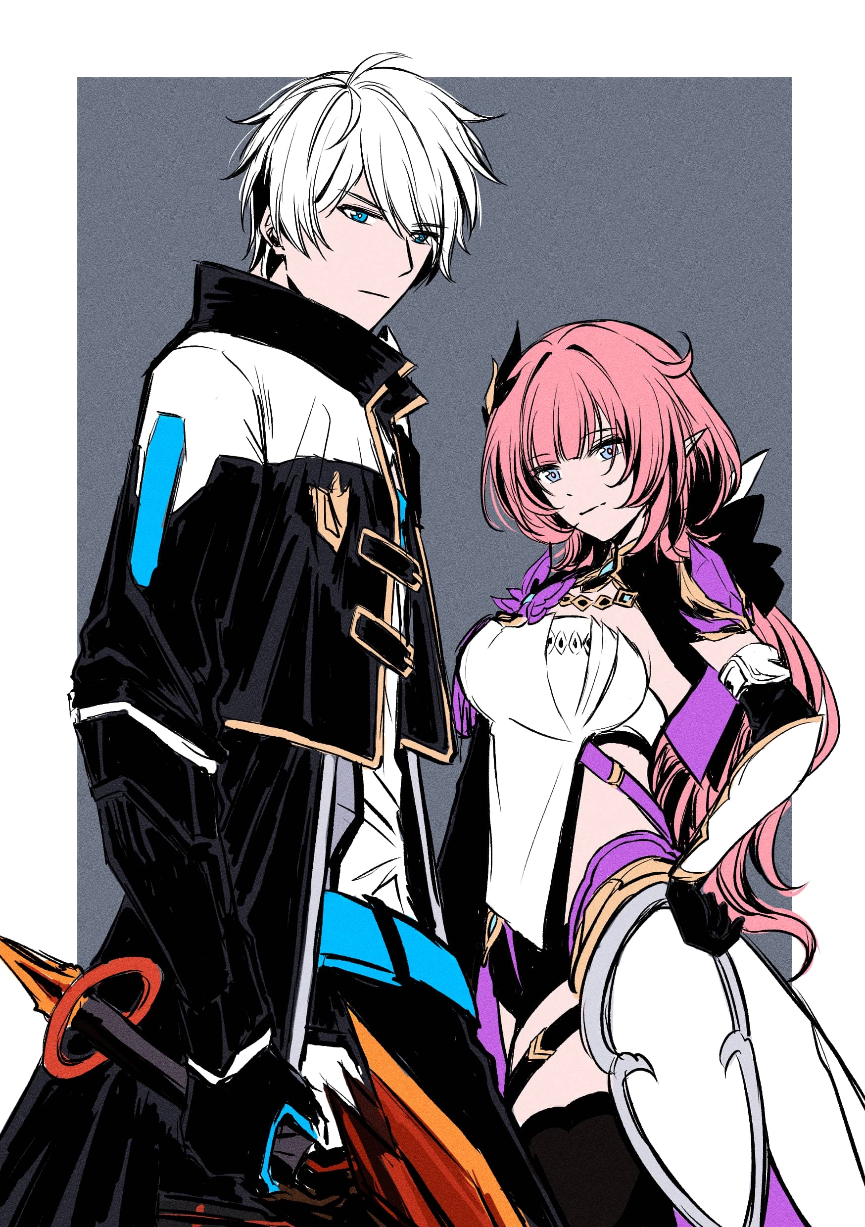 elysia (honkai impact), elysia (miss pink elf) (honkai impact), kevin kaslana, honkai (series), honkai impact 3rd, absurdres, highres, 1boy, 1girl, black coat, black gloves, black pants, black shorts, blue eyes, border, breasts, coat, corset, elf, gloves, grey background, hair ornament, holding, holding sword, holding weapon, large breasts, long hair, pants, pink hair, pointy ears, short hair, short shorts, shorts, shrug (clothing), star (zhongyan88528), sword, very long hair, weapon, white border, white corset, white hair