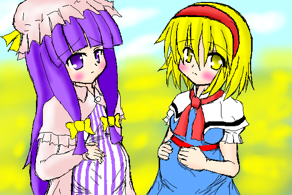 alice margatroid, patchouli knowledge, touhou, 2girls, :<, blush, chibi, female focus, flat chest, hat, mob cap, multiple girls, oekaki, pregnant, purple eyes, yellow eyes