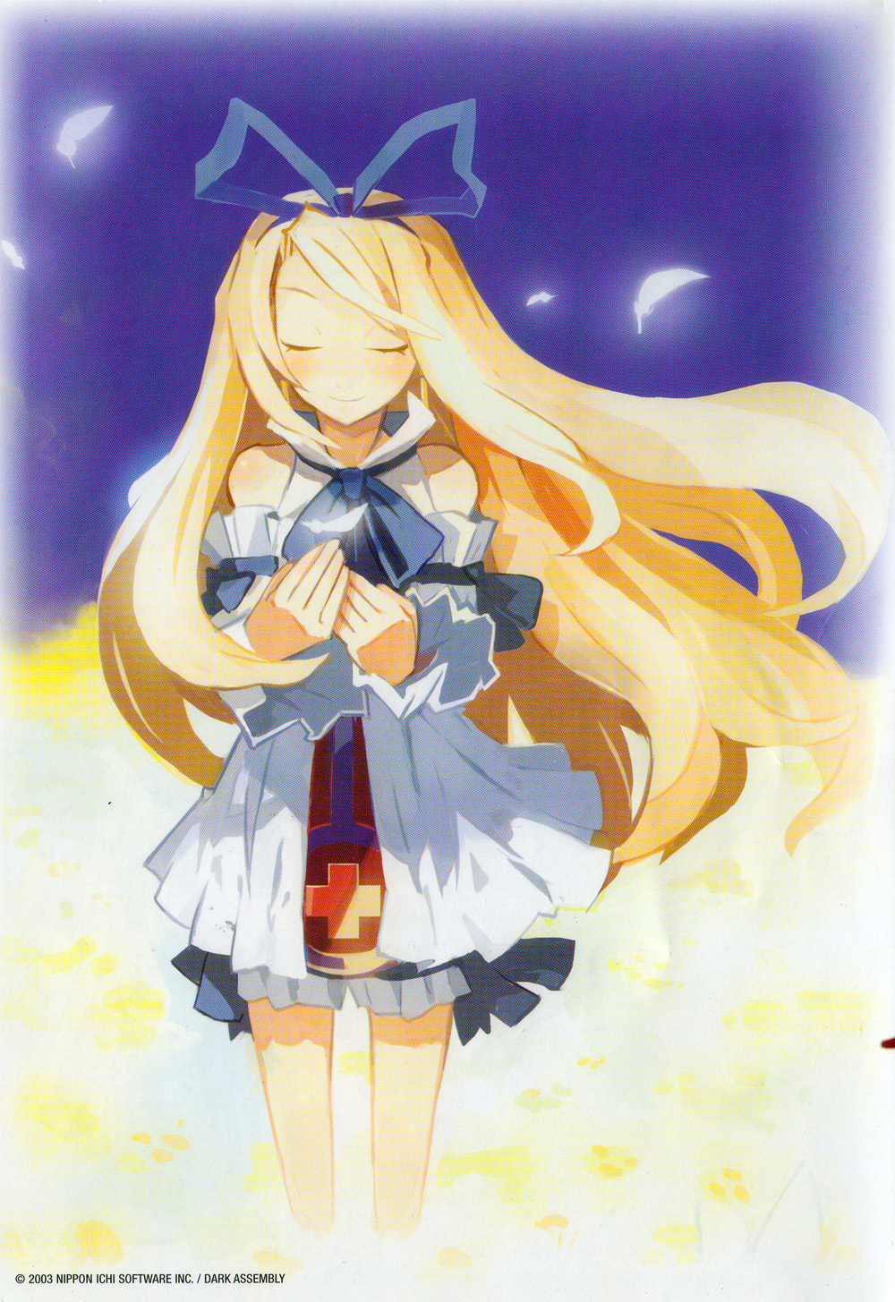 harada takehito, flonne, disgaea, makai senki disgaea, nippon ichi, highres, official art, 00s, 1girl, bloomers, feathers, female focus, long hair, solo, underwear, very long hair, white bloomers