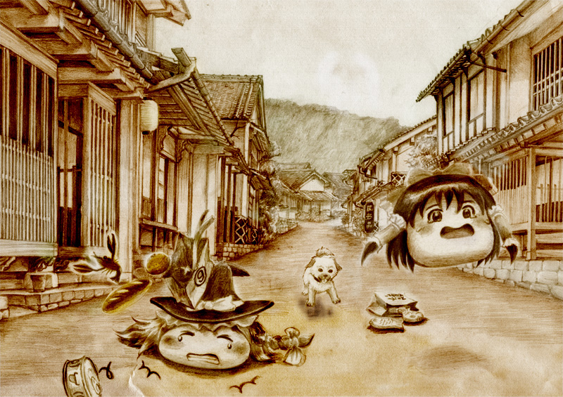murasaki-no, hakurei reimu, kirisame marisa, touhou, architecture, bag on head, circled 9, dog, east asian architecture, monochrome, no humans, sepia, town, yukkuri shiteitte ne
