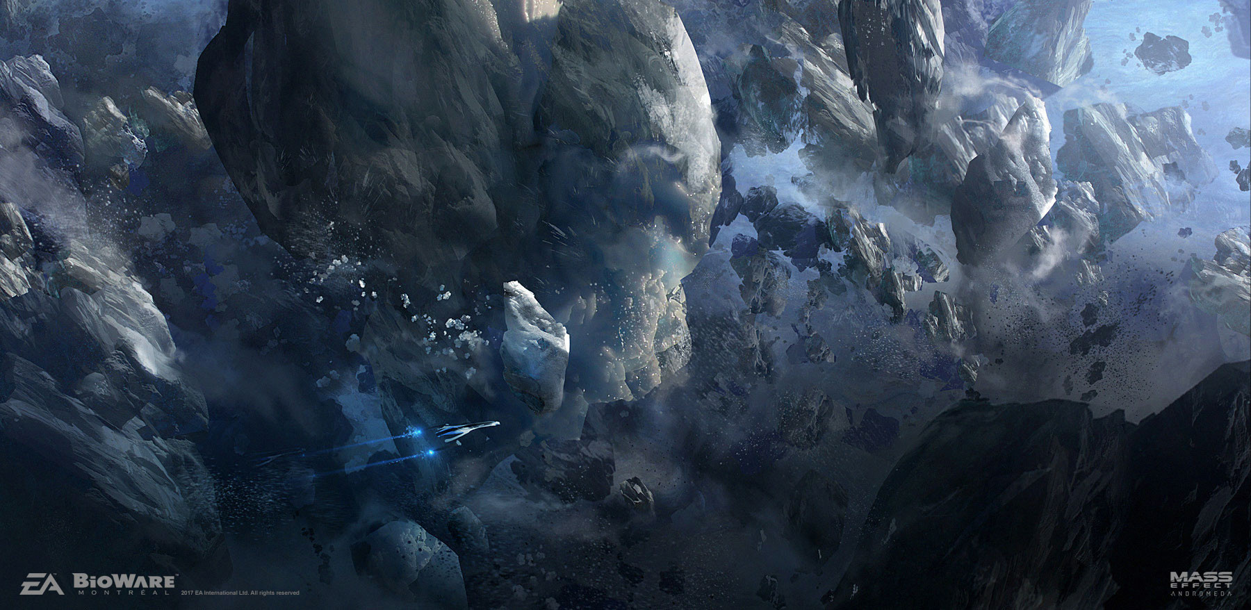 ben lo, mass effect (series), concept art, highres, asteroid, asteroid belt, contrail, debris, dust cloud, glowing, no humans, painterly, planet, scenery, smoke, smoke trail, space, spacecraft