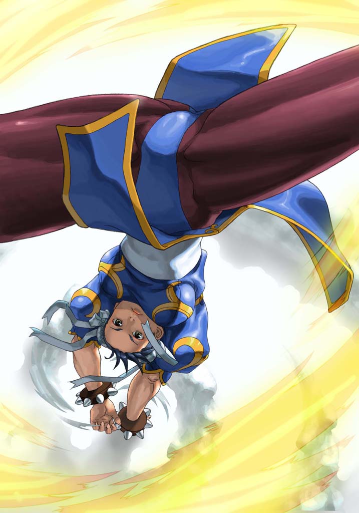 chyko, chun-li, capcom, street fighter, 1girl, black hair, bracelet, bun cover, china dress, chinese clothes, double bun, dress, female focus, gloves, grey eyes, hair bun, handstand, jewelry, kicking, one arm handstand, panties, pantyhose, pelvic curtain, solo, spiked bracelet, spiked gloves, spikes, spinning bird kick, thighs, underwear, upside-down