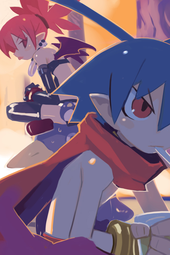 etna (disgaea), laharl, disgaea, makai senki disgaea, nippon ichi, 00s, 1boy, 1girl, blue hair, bra, bracelet, demon wings, earrings, elbow gloves, gloves, jewelry, pointy ears, red eyes, red hair, scarf, short hair, thighhighs, topless male, twintails, underwear, wings
