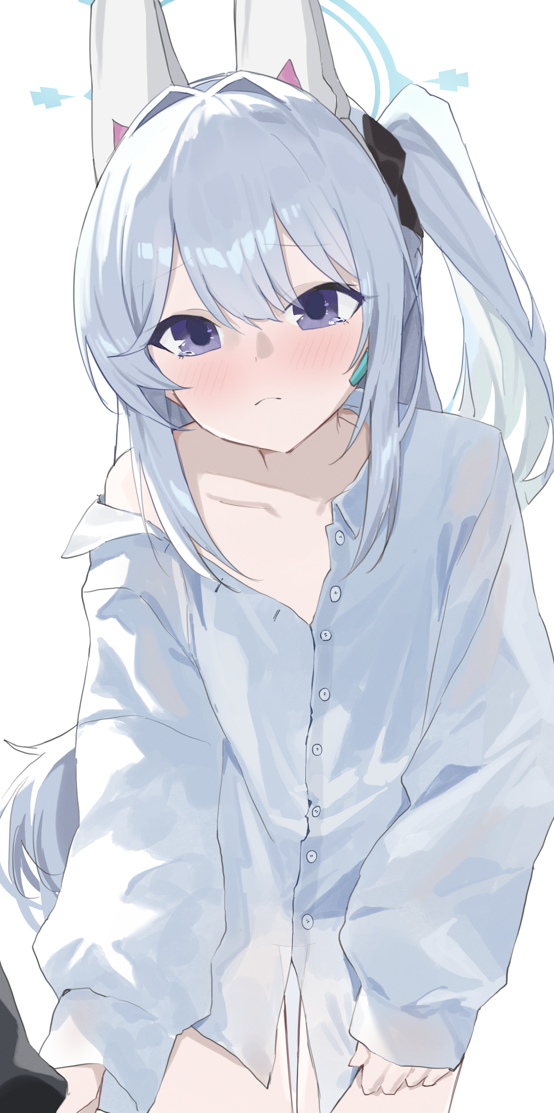 evening rabbit, miyako (blue archive), blue archive, absurdres, highres, 1girl, animal ear headphones, animal ears, blue halo, bottomless, bow, clothes grab, earpiece, fake animal ears, hair bow, halo, headphones, long hair, looking at viewer, naked shirt, one side up, oversized clothes, oversized shirt, purple eyes, rabbit ear headphones, rabbit ears, shirt, sleeve grab, solo focus, tears, white background, white hair, white shirt