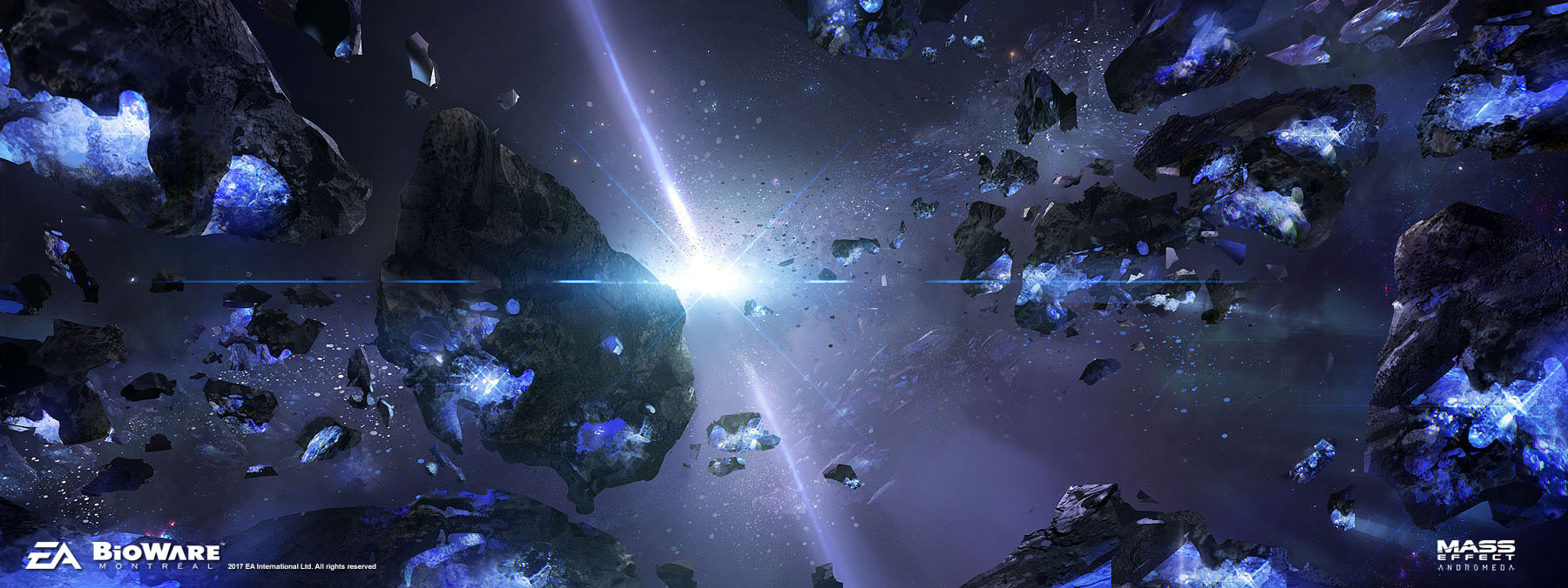 ben lo, mass effect (series), concept art, highres, asteroid, asteroid belt, blue theme, glint, lens flare, no humans, painterly, scenery, sky, space, sparkle, star (sky), starry sky