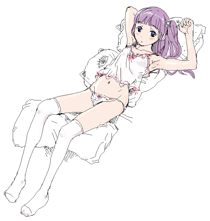 tamaoki benkyou, armpits, camisole, kneehighs, lingerie, long hair, navel, oekaki, panties, purple hair, side ponytail, sketch, socks, solo, thighhighs, underwear