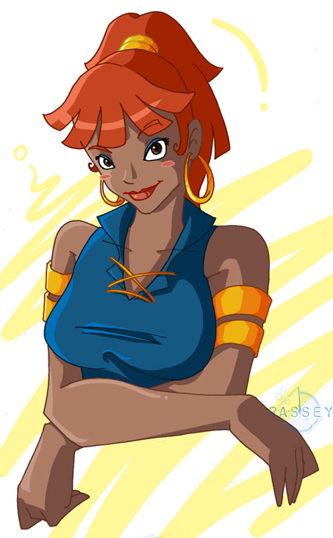 rasmopolitan, anetta (mega man), capcom, mega man (series), mega man battle network, mega man battle network (series), 00s, 1girl, blush, blush stickers, breasts, brown eyes, crossed arms, dark-skinned female, dark skin, earrings, eyeshadow, female focus, jewelry, lipstick, makeup, orange hair, solo