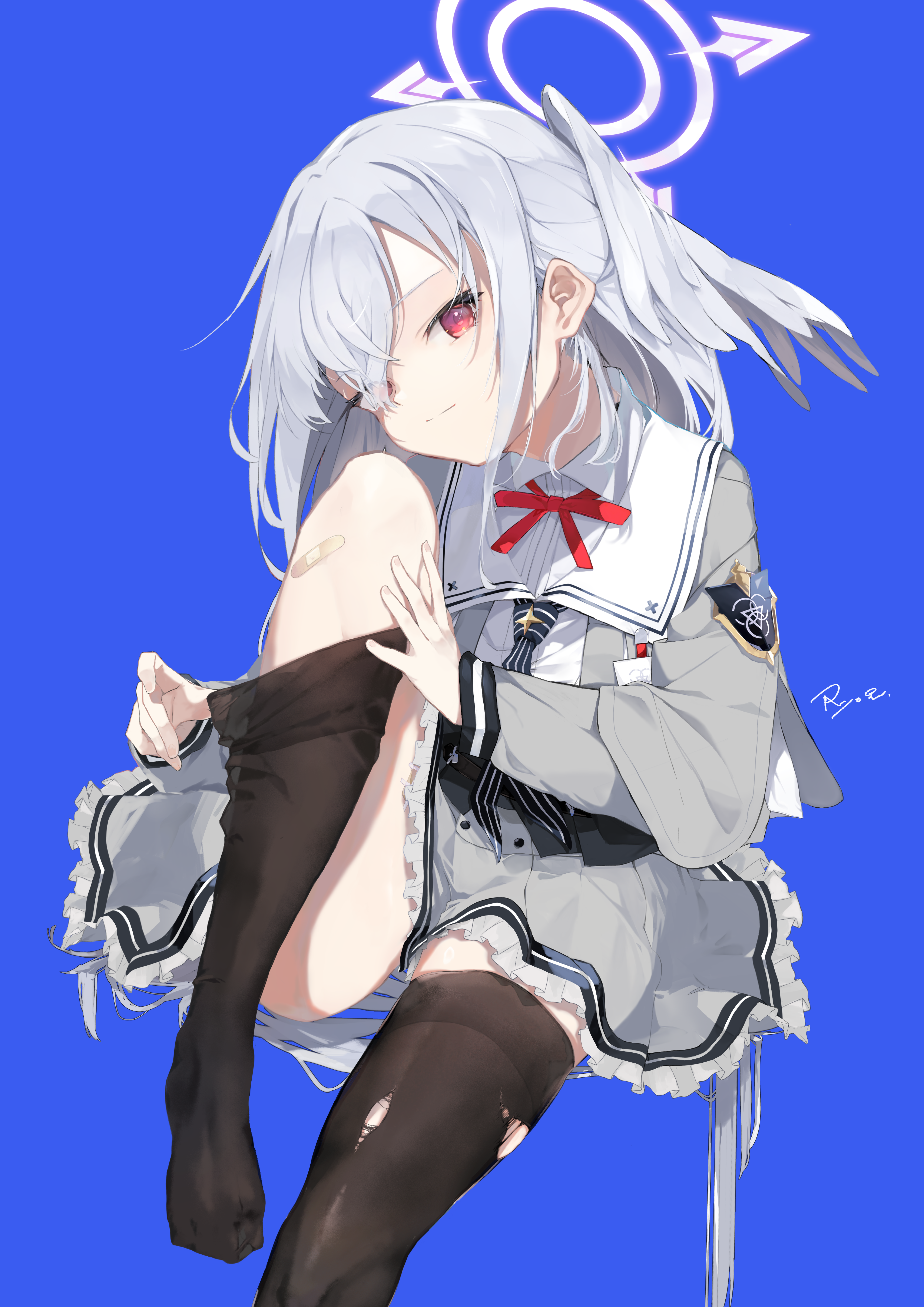 ryo (ryo skrdi), suzumi (blue archive), blue archive, absurdres, highres, 1girl, adjusting clothes, adjusting legwear, bandaid, bandaid on leg, blue background, frilled skirt, frills, grey hair, grey serafuku, grey wings, halo, head wings, knee up, light smile, long hair, looking at viewer, no shoes, school uniform, serafuku, single head wing, single wing, sitting, skirt, smile, solo, thighhighs, torn clothes, torn thighhighs, wings